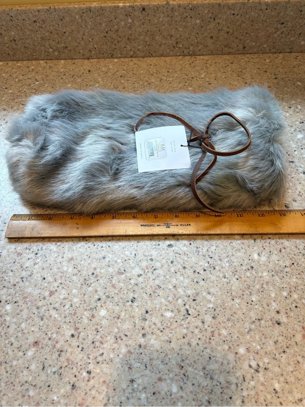Restoration Hardware (RH) Ultra Faux Fur Wine Bag With Leather Tie, NWT, Fog